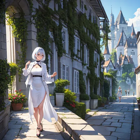 a woman with sophisticated white clothes, short hair in a german castle