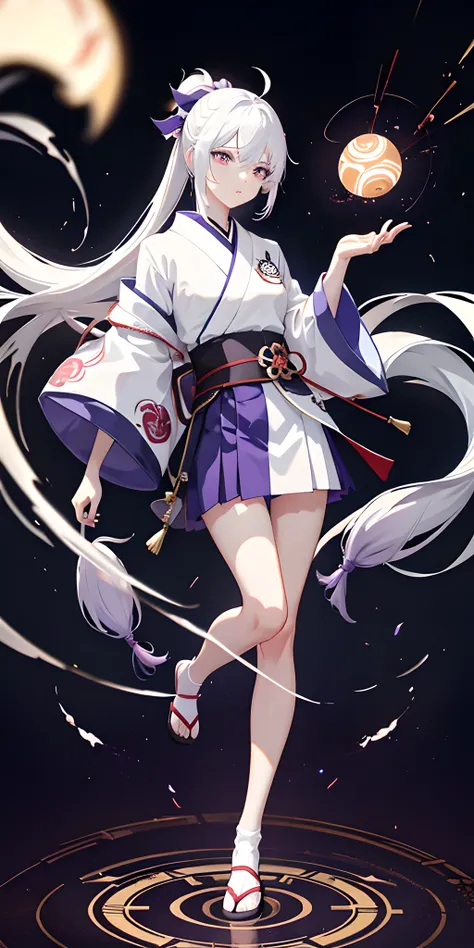 1 boy, japanese clothes, ponytail ,white hair, purple eyes, magic circle, blue flame, blue flame, wallpaper, landscape, Blood, Blood splatter, depth of field, night, Light particles, Light, side Light, thigh, destiny (series), Genshin Impact, ****, open ja...