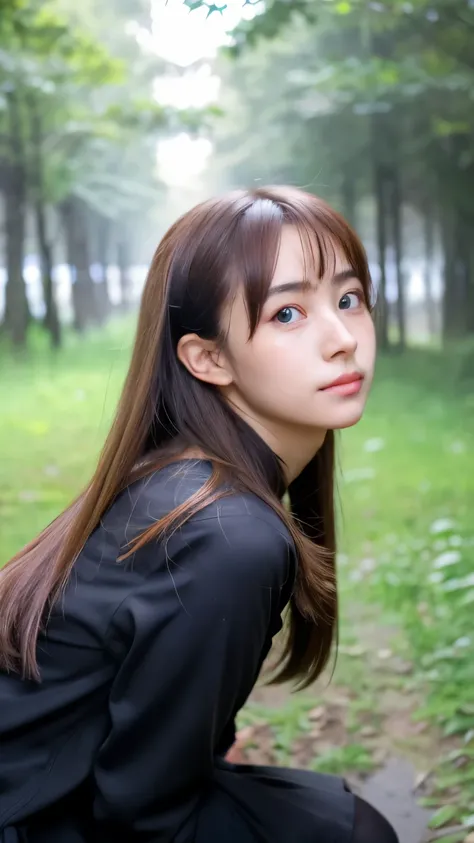 beautiful face, best quality,ultra high resnatural light, shiny skin,detailed skin,detailed face,detailed eyes, beautiful japanese girl, in the deep forest, (fog:1.2), raining, puddle, mist, water, pour down, many trees, girl make tangtop laying on a bed w...