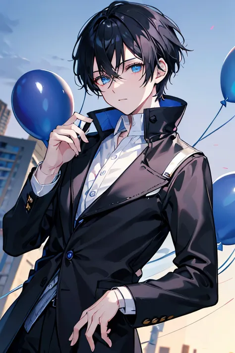 male　black hair　blue eyes　sweater　Check slacks　vest　coat　sky at dawn　In town　parade　matrix　festival　countless floating balloons　masterpiece　Highest image quality　noise removal　clear parts 　cinematic shadow　Increased attractiveness of the eyes　clear parts t...