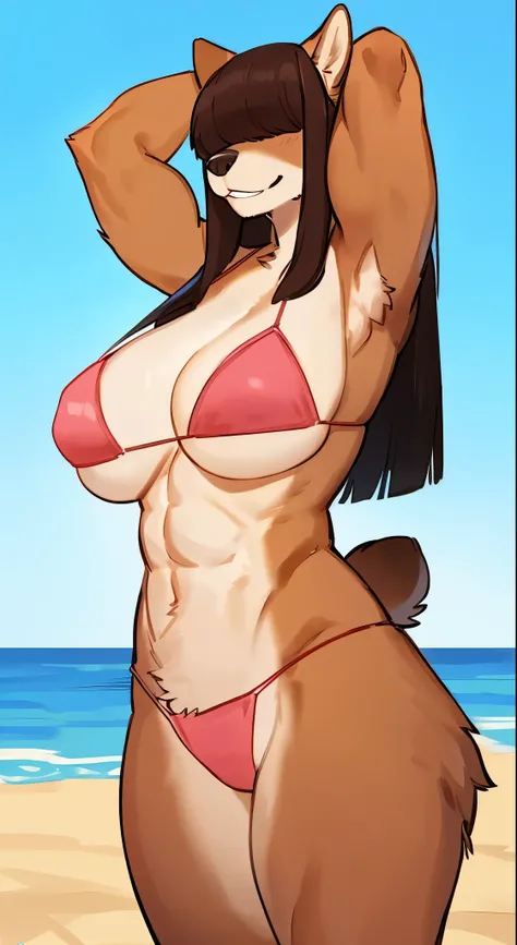 By bebebebebe, by lostgoose, by goonie-san, female, ((canine, snout, hair covering eyes, straight hair, medium hair, flat hair, ears, thin snout)), brown fur, big poofy tail, raised tail, dark maroon hair, ((muscular, big breasts)), solo, beach, ((pink mic...