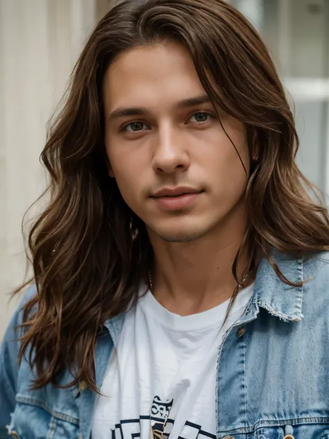 Buetifull man eith long brown hair, dsrk brown wavy haor, wearing denim jacket, wearing white t shirt, pretth boy, buetifull man, young, young, young, close up of face, chris cornell, close up of face, close up of face, clean shaven, young, teem,