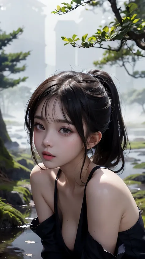 beautiful face, best quality,ultra high resnatural light, shiny skin,detailed skin,detailed face,detailed eyes, beautiful japanese girl, in the deep forest, (fog:1.2), raining, puddle, mist, water, pour down, many trees, girl make tangtop laying on a bed w...