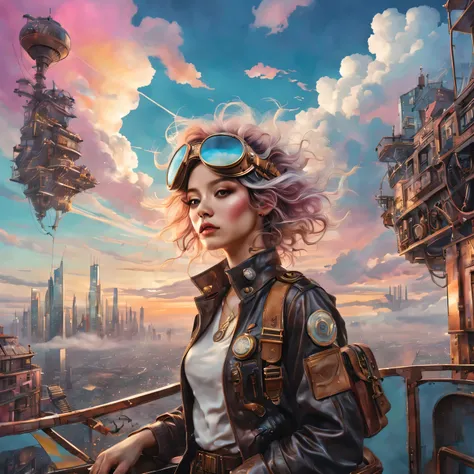 Super detailed、Future retro female pilot、Steampunk clothing、adventure、Clouds cover the sky、futuristic cityscape、metal surfaces、graffiti-covered walls、urban aging、Hair blown by the wind、confident posture、Emerge from the cloud，Hand drawn illustrations，Contra...