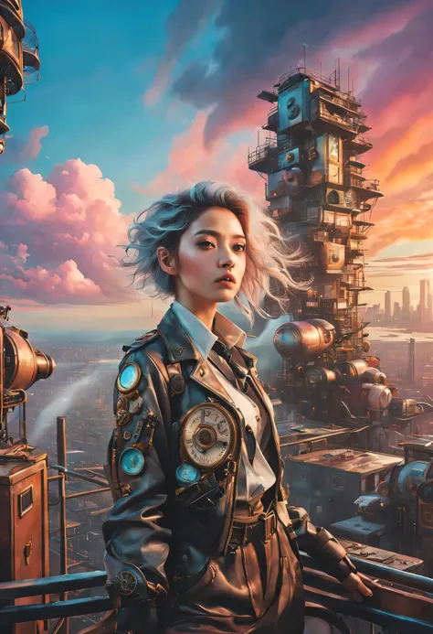 Super detailed、Future retro female pilot、Steampunk clothing、adventure、Clouds cover the sky、futuristic cityscape、metal surfaces、graffiti-covered walls、urban aging、Hair blown by the wind、confident posture、Emerge from the cloud，Hand drawn illustrations，Contra...