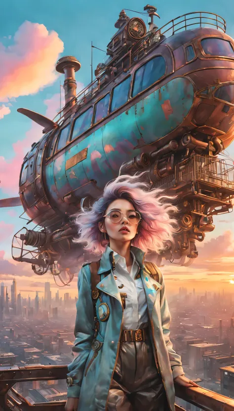 Super detailed、Future retro female pilot、Steampunk clothing、adventure、Clouds cover the sky、futuristic cityscape、metal surfaces、graffiti-covered walls、urban aging、Hair blown by the wind、confident posture、Emerge from the cloud，Hand drawn illustrations，Contra...