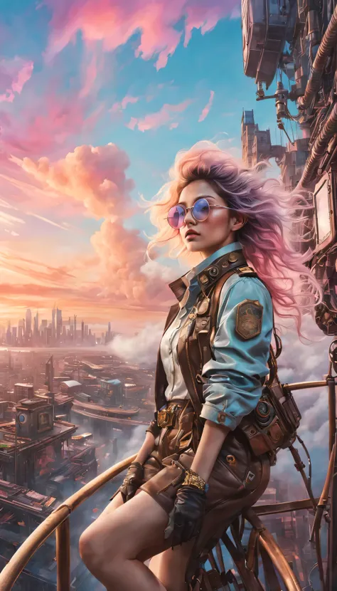 Super detailed、Future retro female pilot、Steampunk clothing、adventure、Clouds cover the sky、futuristic cityscape、metal surfaces、graffiti-covered walls、urban aging、Hair blown by the wind、confident posture、Emerge from the cloud，Hand drawn illustrations，Contra...