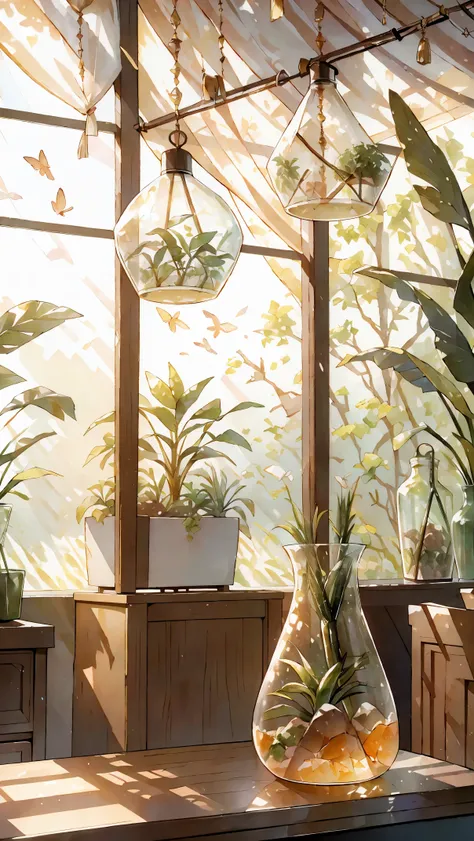 (8K, RAW photo, highest quality, masterpiece: 1.2), 柔らかな色合いのAn illustration:1.5, terrarium on the table、An illustration、plants and leaves、Clear glass、mid century modern style、Bright colors、soft lighting