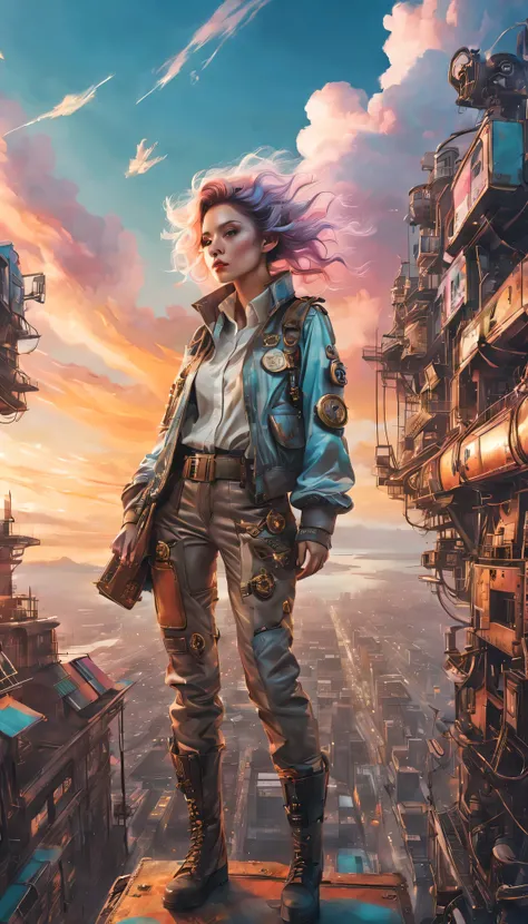 Super detailed、Future retro female pilot、Steampunk clothing、adventure、Clouds cover the sky、futuristic cityscape、metal surfaces、graffiti-covered walls、urban aging、Hair blown by the wind、confident posture、Emerge from the cloud，Hand drawn illustrations，Contra...