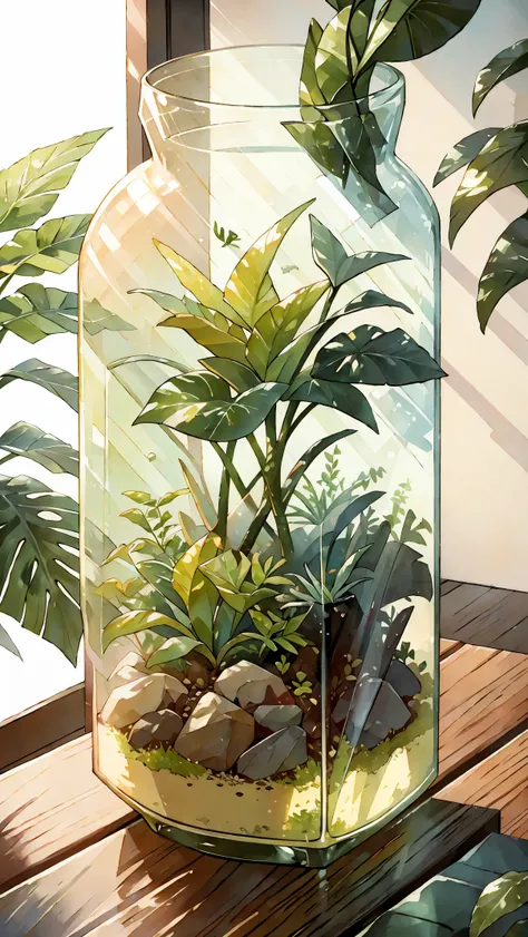 a terrarium on the table,illustration,plants and foliage,crystal clear glass,Mid-century modern style,vibrant colors,soft lighting