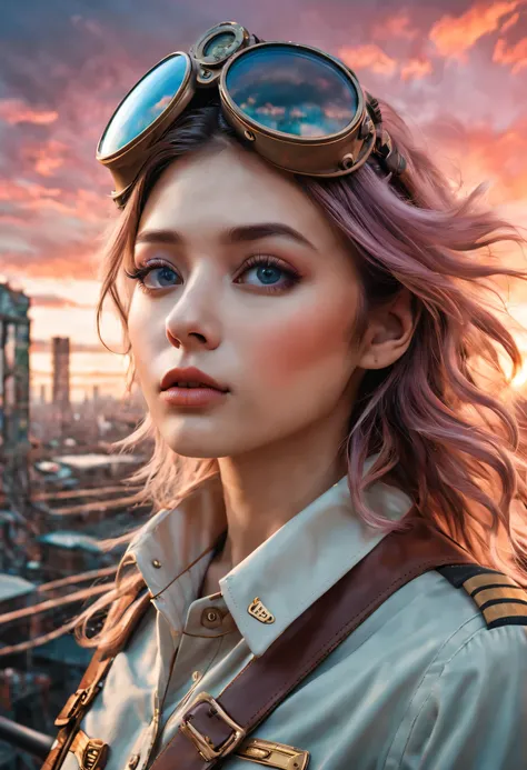 （best quality，4K，8k，masterpiece：1.2），Super fine，（lifelike，photorealism，照片lifelike度：1.37），Future retro female pilot、Her eyes are very delicate，Long eyelashes make her even more attractive。soft, Natural light illuminates her face，Highlight her expressive lip...