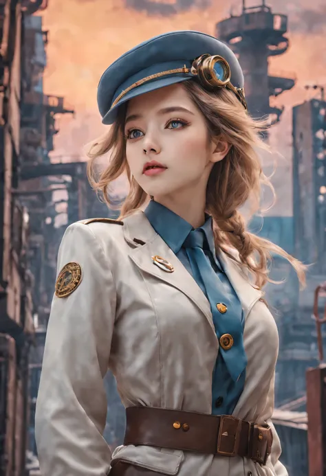 （best quality，4K，8k，masterpiece：1.2），Super fine，（lifelike，photorealism，照片lifelike度：1.37），Future retro female pilot、Her eyes are very delicate，Long eyelashes make her even more attractive。soft, Natural light illuminates her face，Highlight her expressive lip...