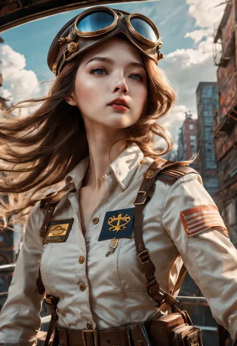 （best quality，4K，8k，masterpiece：1.2），Super fine，（lifelike，photorealism，照片lifelike度：1.37），Future retro female pilot、Her eyes are very delicate，Long eyelashes make her even more attractive。soft, Natural light illuminates her face，Highlight her expressive lip...