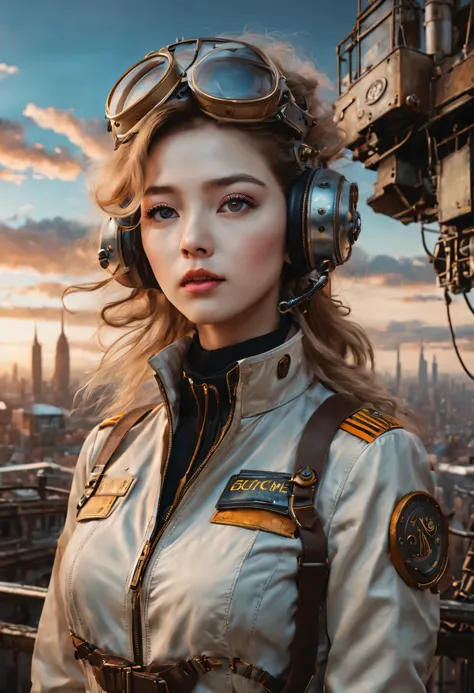 （best quality，4K，8k，masterpiece：1.2），Super fine，（lifelike，photorealism，照片lifelike度：1.37），Future retro female pilot、Her eyes are very delicate，Long eyelashes make her even more attractive。soft, Natural light illuminates her face，Highlight her expressive lip...