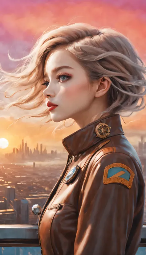 （best quality，4K，8k，masterpiece：1.2），Super fine，（lifelike，photorealism，照片lifelike度：1.37），Future retro female pilot、Her eyes are very delicate，Long eyelashes make her even more attractive。soft, Natural light illuminates her face，Highlight her expressive lip...