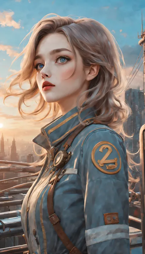 （best quality，4K，8k，masterpiece：1.2），Super fine，（lifelike，photorealism，照片lifelike度：1.37），Future retro female pilot、Her eyes are very delicate，Long eyelashes make her even more attractive。soft, Natural light illuminates her face，Highlight her expressive lip...