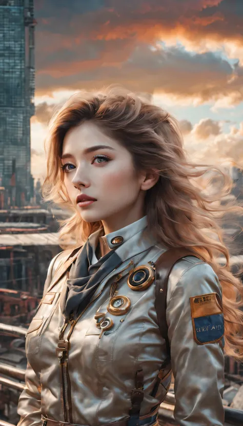 （best quality，4K，8k，masterpiece：1.2），Super fine，（lifelike，photorealism，照片lifelike度：1.37），Future retro female pilot、Her eyes are very delicate，Long eyelashes make her even more attractive。soft, Natural light illuminates her face，Highlight her expressive lip...