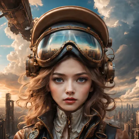 （best quality，4K，8k，masterpiece：1.2），Super fine，（lifelike，photorealism，照片lifelike度：1.37），Future retro female pilot、Her eyes are very delicate，Long eyelashes make her even more attractive。soft, Natural light illuminates her face，Highlight her expressive lip...