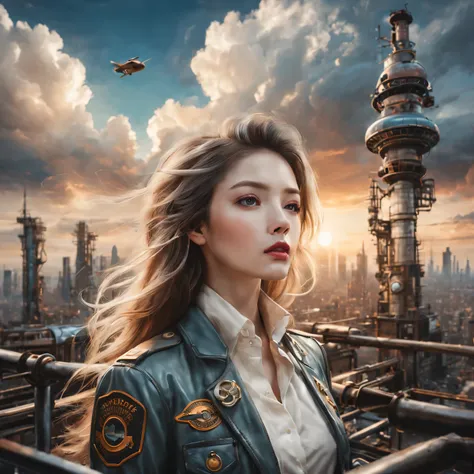 （best quality，4K，8k，masterpiece：1.2），Super fine，（lifelike，photorealism，照片lifelike度：1.37），Future retro female pilot、Her eyes are very delicate，Long eyelashes make her even more attractive。soft, Natural light illuminates her face，Highlight her expressive lip...