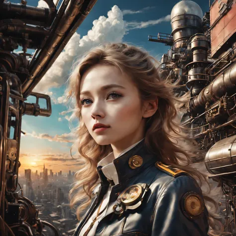 （best quality，4K，8k，masterpiece：1.2），Super fine，（lifelike，photorealism，照片lifelike度：1.37），Future retro female pilot、Her eyes are very delicate，Long eyelashes make her even more attractive。soft, Natural light illuminates her face，Highlight her expressive lip...