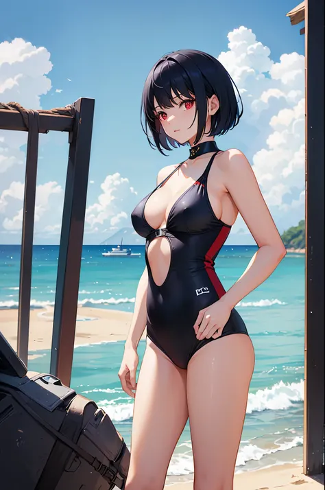 1woman, navy hair, short hair, red eyes, swimsuit, beach, standing on ground, high res, ultra sharp, 8K, masterpiece