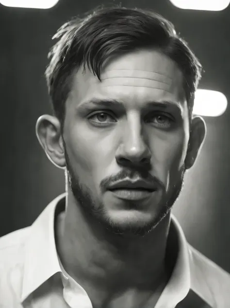 (black and white photo portrait head close-up)，(20-year-old tom hardy hangs a cigarette） ，（very very clean and smooth skin：1.37）...