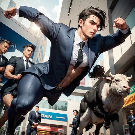 Handsome young businessman, clad in a sharp suit and polished shoes, catches the eye of onlookers as he boldly wrestles a wild buffalo to the ground with raw strength and determination, showcasing his courage and dominance in the untamed wilderness.

Hands...