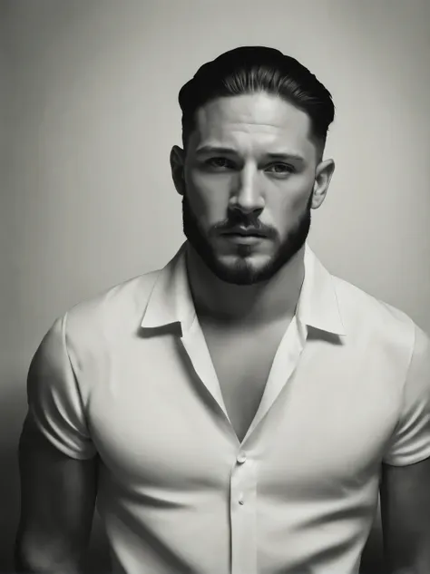 (Black and white portrait close-up of the head), (Tom Hardy, a 20-year-old boy hanging a cigarette), (deep gaze), (very, very clean and smooth skin: 1.37), (very smooth chin and face: 1.0), (round cut hairstyle), inspired by Brotherhood, blended lighting,