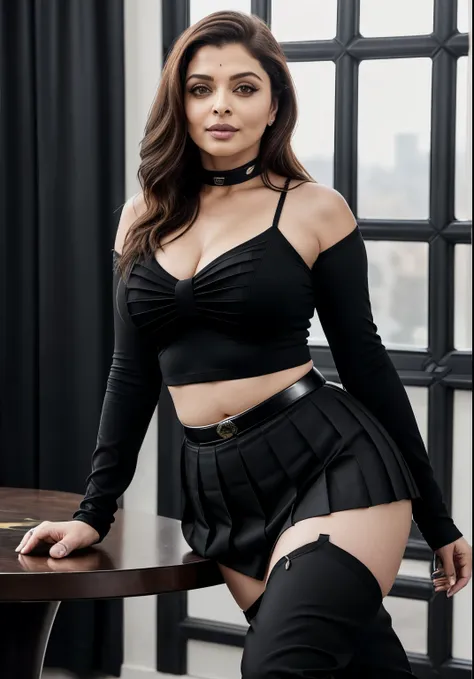 SEXY 50yo MATURE MILF Aishwarya Rai Bachchan, ((black micro mini knife pleated skirt and crop top)), ((thigh high boots)), bob cut hair, erotica, bright sunny day scene, curvy milf body, posing in airstrip, hourglass milf figure, big breasts, seductive exp...