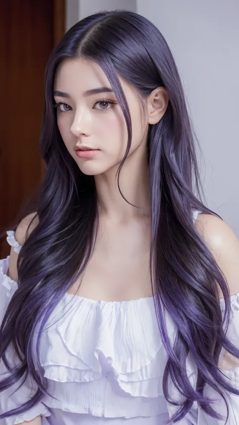 Dayu Seren, Purple dragon, There is an ancient palace next to the girl, An extremely delicate and beautiful girl, lifelike, incredibly absurd, Abstractionism, Shown from hips to shoulders, snatch, extremely detailed body, Miss, young,20 years old, very lon...