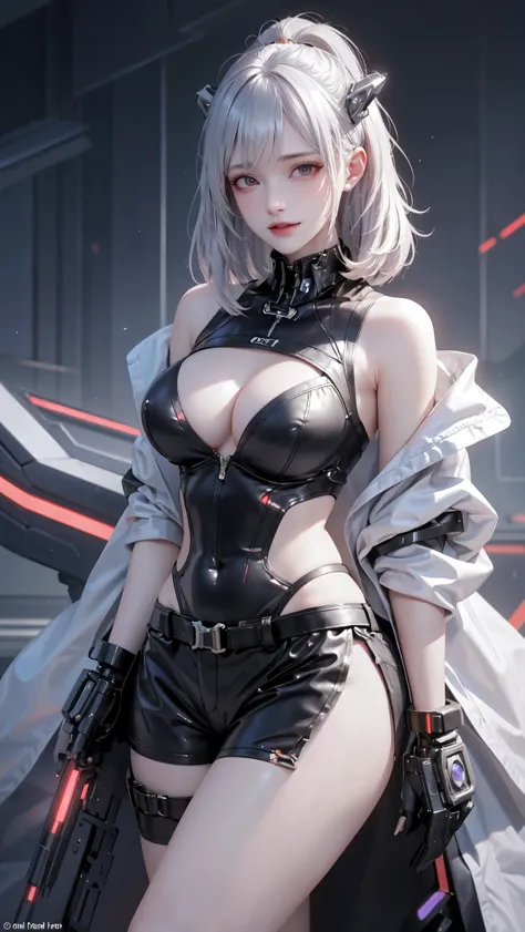 Beautiful woman medium hair, Cyberpunk style shorts，Big breasts，Big breasts