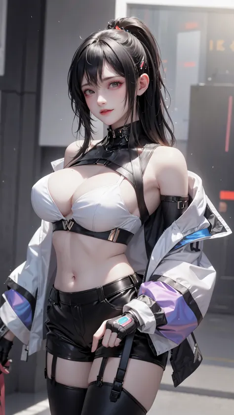 Beautiful woman medium hair, Cyberpunk style shorts，Big breasts，Big breasts