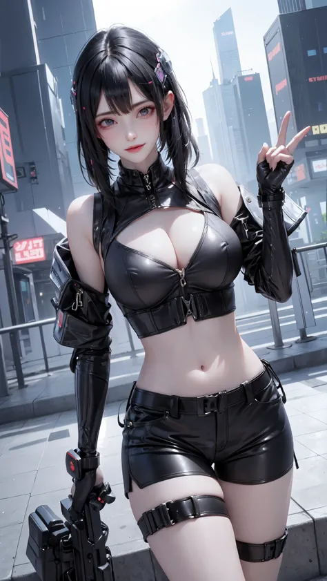 Beautiful woman medium hair, Cyberpunk style shorts，Big breasts，Big breasts