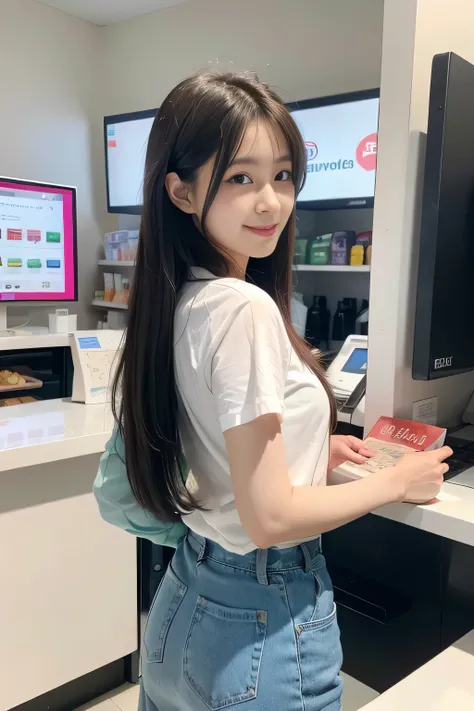 muste piece、High resolution、convenience store of the future、Convenience store clerk、26 year old female、１girl clerk、looking at the camera、smile、Finished as pictured、The cashier is also beautiful、Her skin is white and beautiful、long and beautiful hair、inner ...