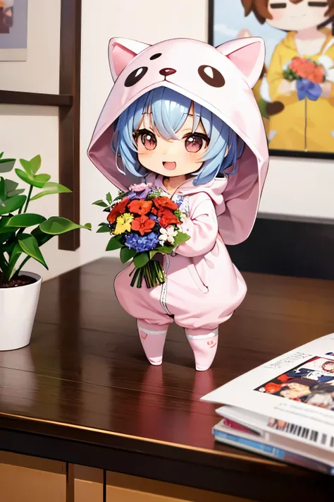 (Chibi:1.3), happy, (holding a bouquet), full body, (Kigurumi), indoors, on the table, (Nendoroid:1.1),