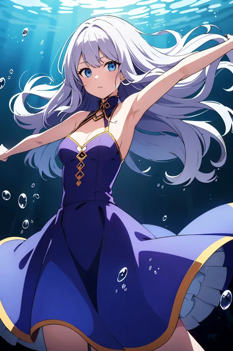 ((absurdres, highres, ultra detailed, high resolution, masterpiece, best quality, very fine 8KCG wallpapers)), 1 girl, solo, medium breasts, long hair, wavy hair, silver hair, blue eyes, dress, underwater, air bubble, floating hair, refraction, open arms,