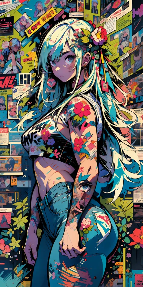 Background, mixed-language_SMS, Japanese letters in graffit, (beautiful and clear background:1.2),, fantastic paintings ,graffit style, olhos altamente detalhados , a white t-shir, cannabis print, Flowers, Peonies, Machi, marijuana tattoo, Loving, Eroquesi...