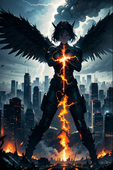 apocalyptic art, the angel of destruction descends to judge mankind, fire wings, shattered city in the background, earthquake, fire and lightnings, Photography, panoramic view, ultra-realistic, DSLR, ultra-wide angle, F/22, dark Mode, High Contrast, 4D, 32...