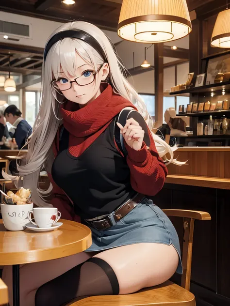 Ron Turner, Akira Toriyama, Surreal, mysterious, strange, fantastical, fantasy, Sci-fi, Japanese anime, Mr Polar Bear, at a cafe with a beautiful human girl in a miniskirt, perfect voluminous body, in a winter town, detailed masterpiece 