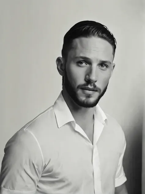 (Black and white photo portrait head close-up)，side，(20-year-old Tom Hardy） ，（Very very clean and smooth skin），（Very, very smooth, smooth, smooth chin and face.：1.37），（Round hairstyle：1.0）