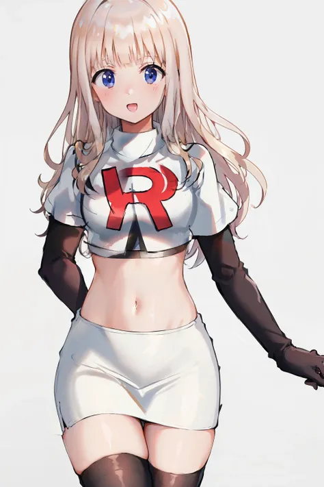 black bow, team rocket,team rocket uniform,white skirt,crop top,black thigh-highs,black elbow gloves,