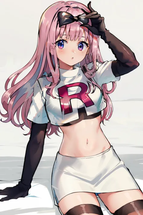 black bow on head, pink hair, team rocket,team rocket uniform,white skirt,crop top,black thigh-highs,black elbow gloves,