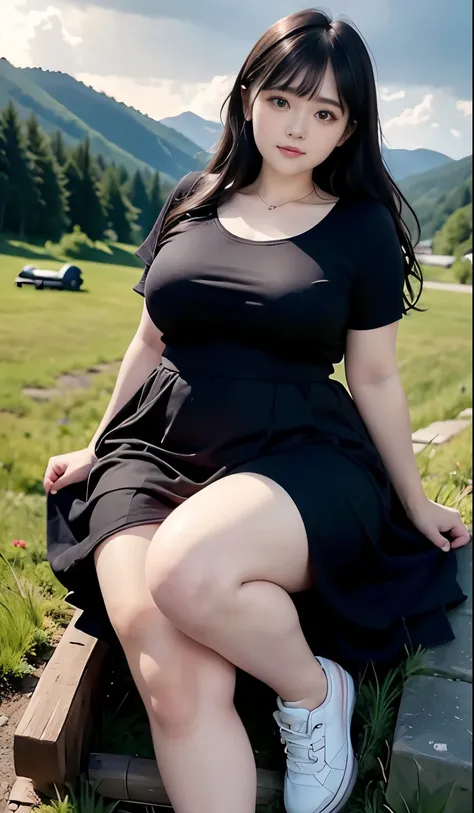 a beautiful beauty, long black hair, big eyes, round face, dress, tight purple skirt, sneakers , slightly fat, plump and sexy, d...