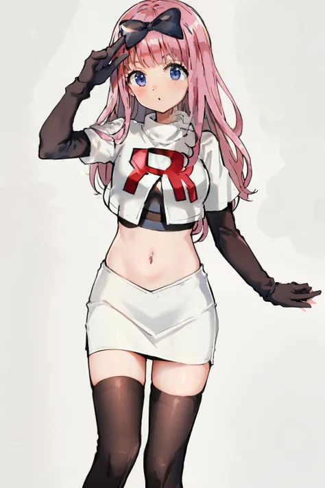 black bow on head, pink hair, team rocket,team rocket uniform,white skirt,crop top,black thigh-highs,black elbow gloves,