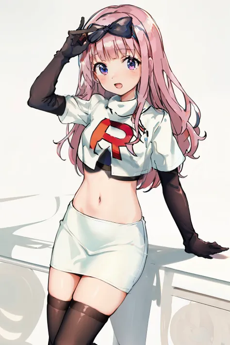 black bow on head, pink hair, team rocket,team rocket uniform,white skirt,crop top,black thigh-highs,black elbow gloves,