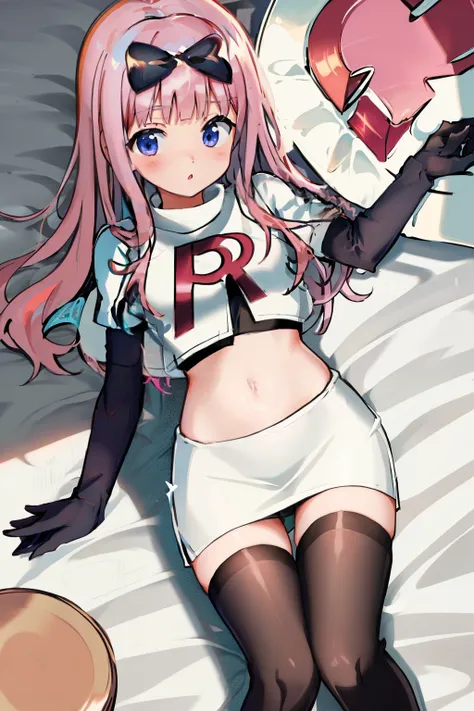 black bow on head, pink hair, team rocket,team rocket uniform,white skirt,crop top,black thigh-highs,black elbow gloves,