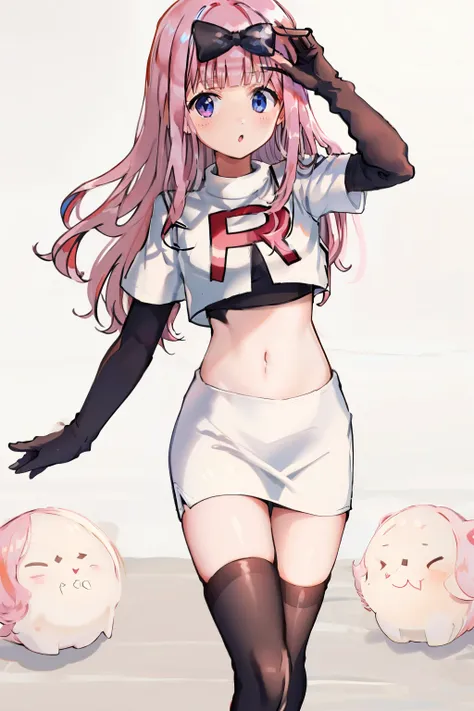 black bow on head, pink hair, team rocket,team rocket uniform,white skirt,crop top,black thigh-highs,black elbow gloves,