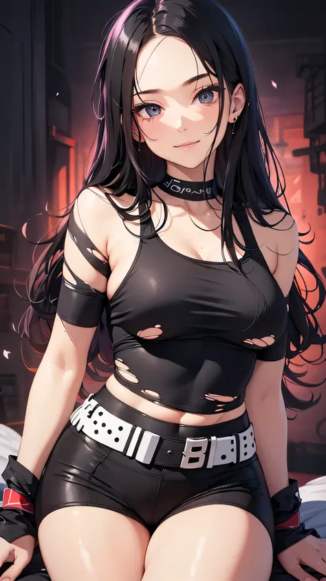 最high quality、best image quality、masterpiece、teenage girl((18-year-old、 By becoming、vest bust、medium bust,wide open breast tea、black eye, black hair、long hair、thin,highest valley、Torn black t-shirt、cute smile)),high quality、beautiful art、background((white ...