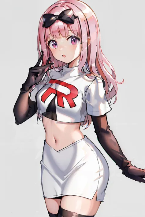 black bow on head, pink hair, team rocket,team rocket uniform,white skirt,crop top,black thigh-highs,black elbow gloves,