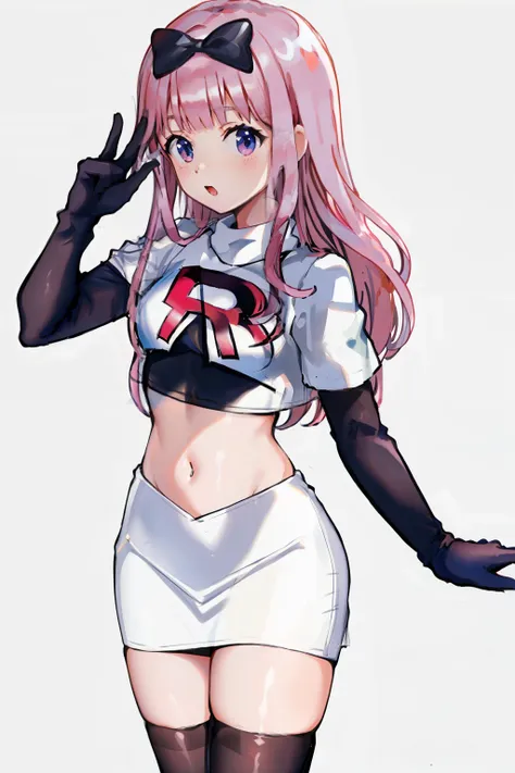 black bow on head, pink hair, team rocket,team rocket uniform,white skirt,crop top,black thigh-highs,black elbow gloves,